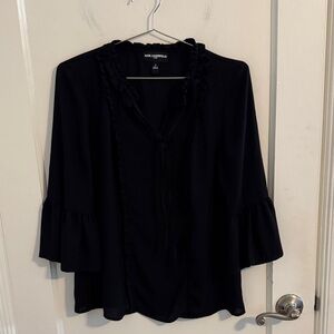 Karl Lagerfeld Women’s Black Blouse with Ruffles and Tie at Neck Sz Small